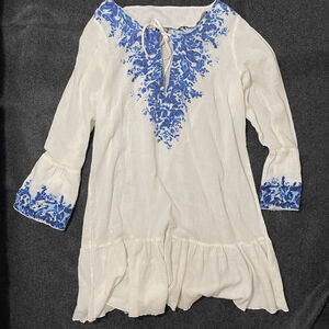 Ralph Lauren Estilo 2-RL28L55 Peasant Blouse Shirt Top Size L White Blue Swirls